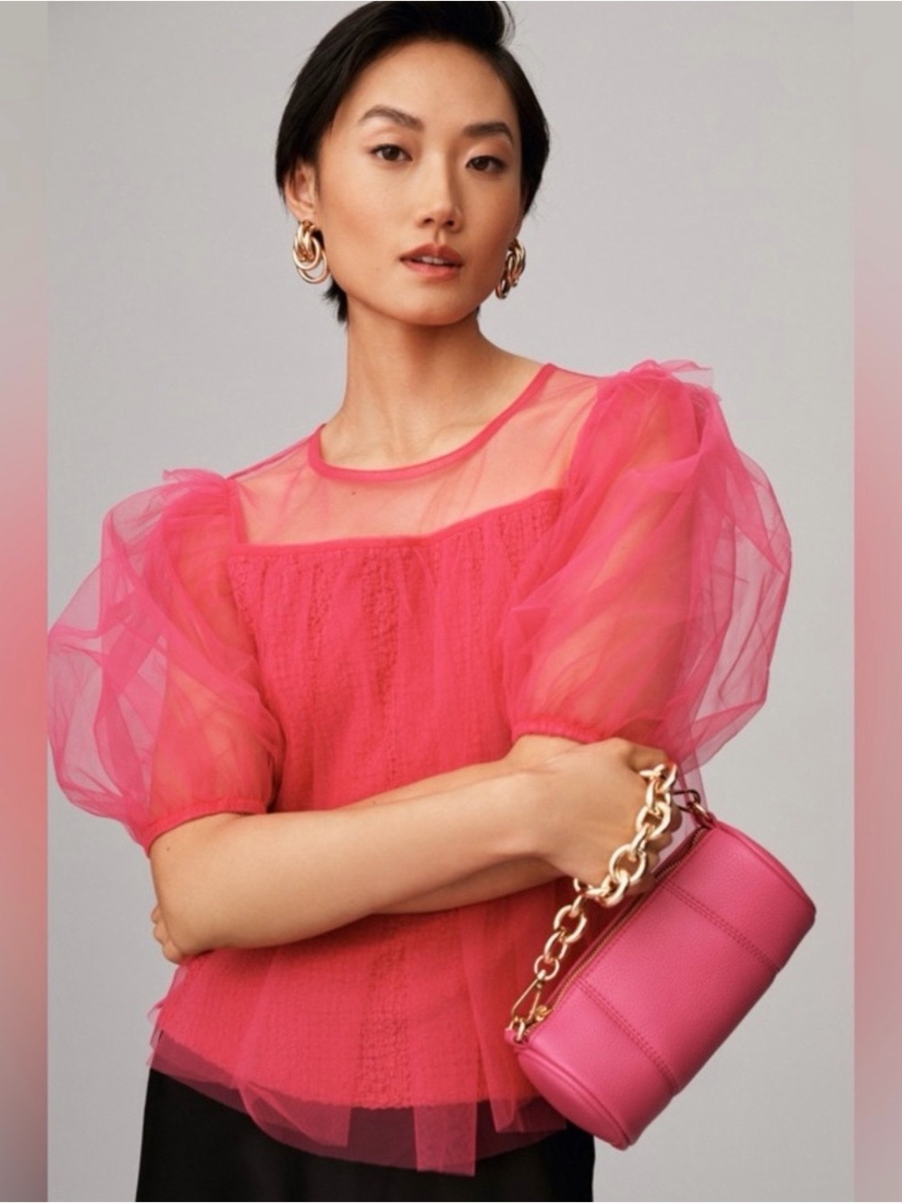 Anthropologie Hot Pink Sheer Puff-Sleeve Blouse